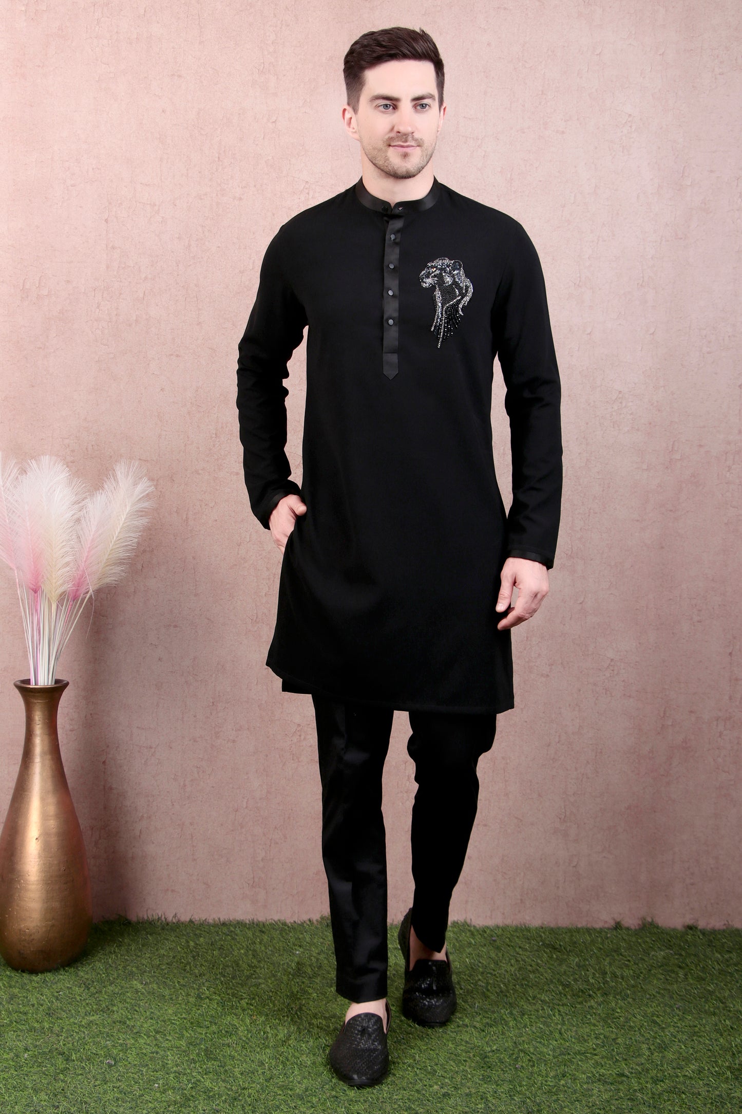 Front view - Men’s Kurta Set – Japanese Lycra in Black with Panther Motif Hand Embroidery