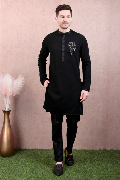Men’s Kurta Set – Japanese Lycra in Black with Panther Motif Hand Embroidery | One Man Show