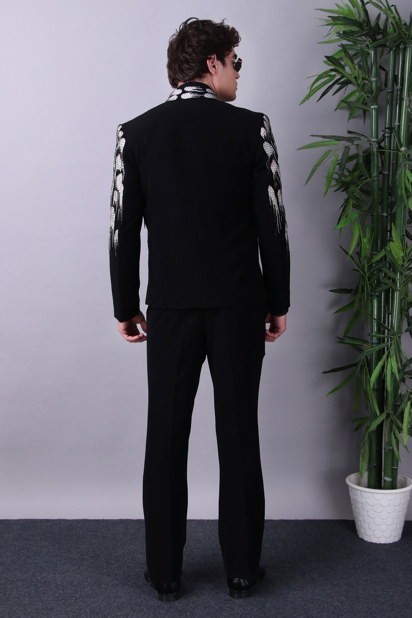 Onyx bandhgala back view with mirroring shoulder yoke embroidery