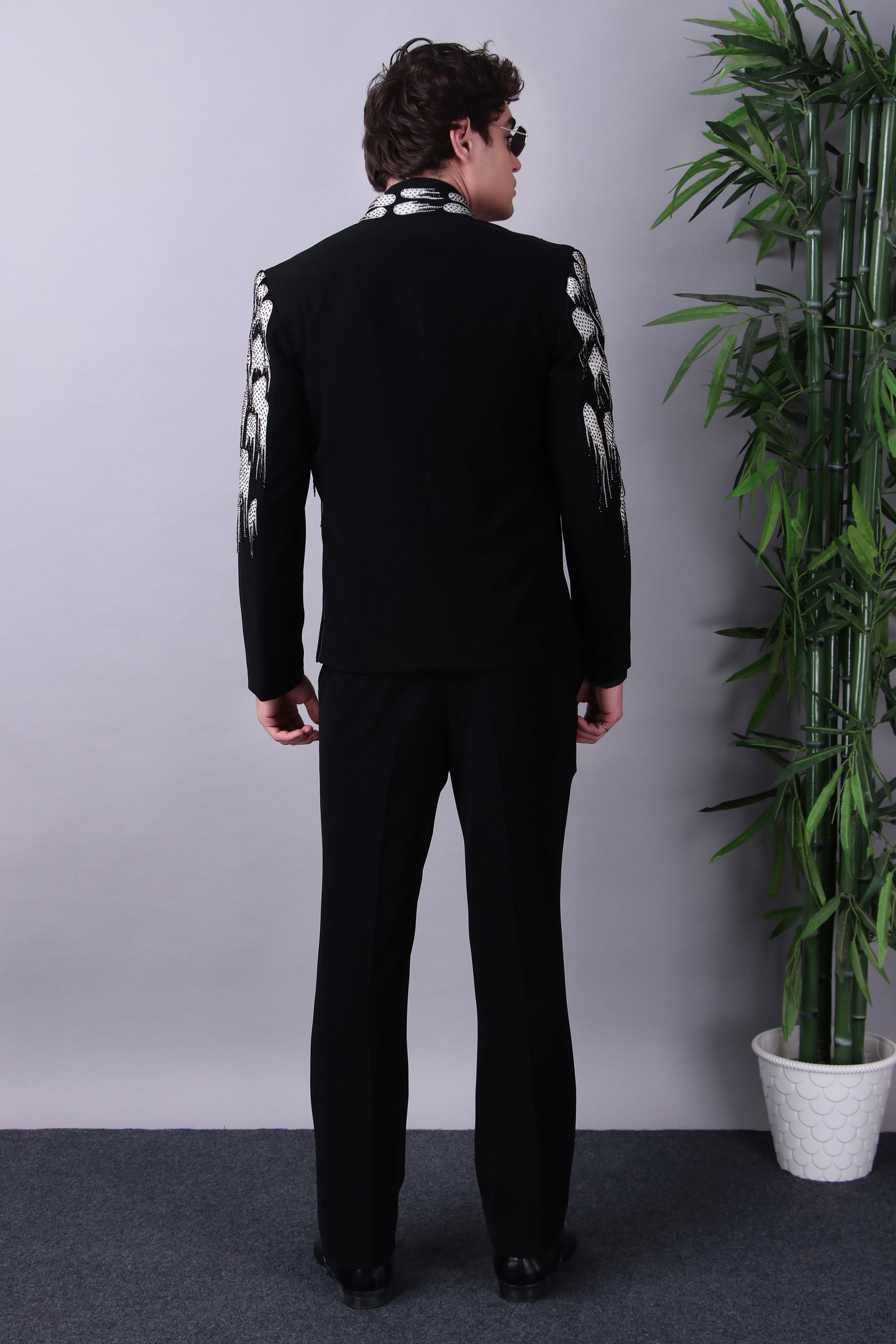 Onyx bandhgala back view with mirroring shoulder yoke embroidery