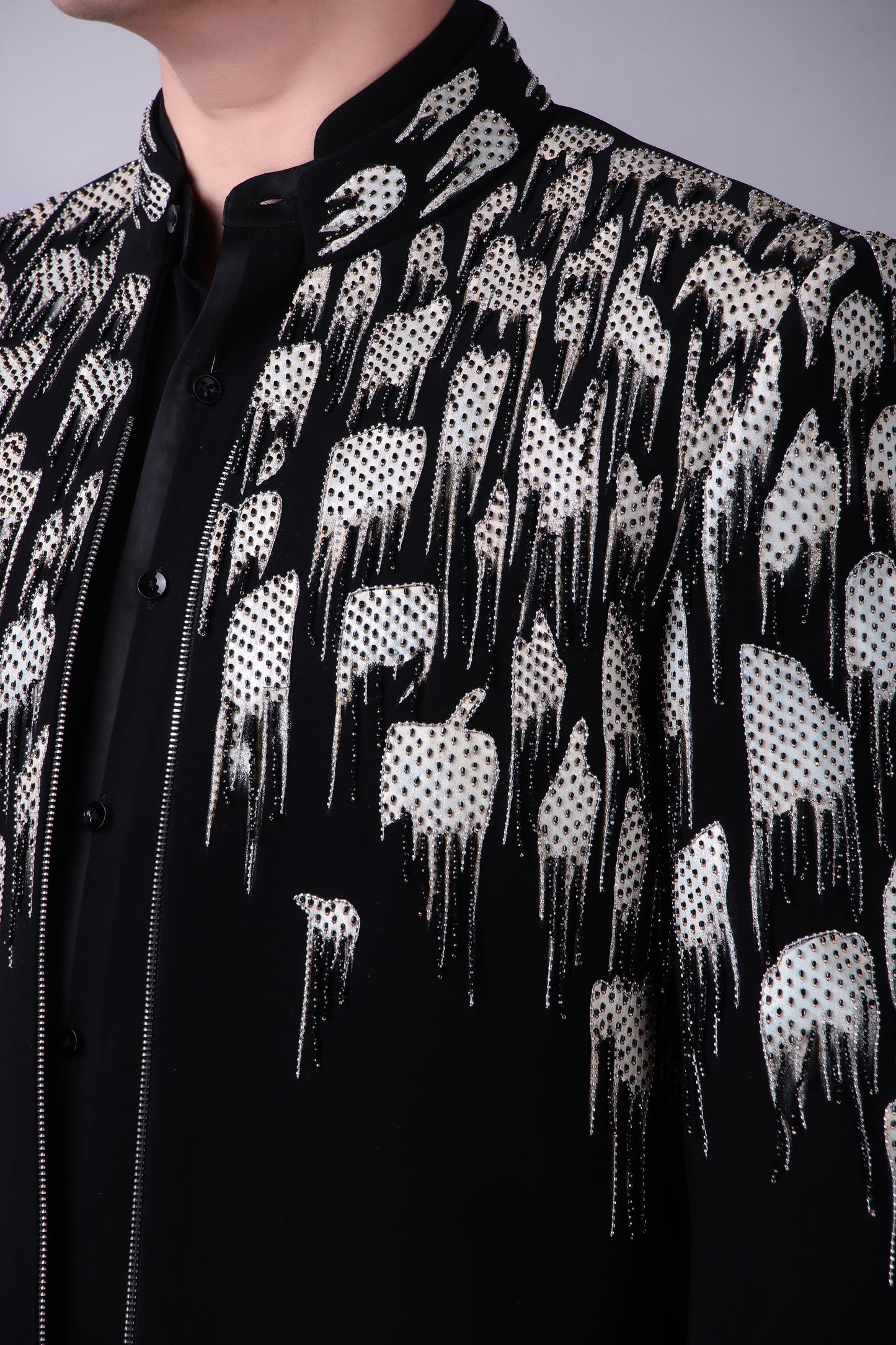 Bugle bead and crystal embroidery detail on bandhgala shoulder yoke