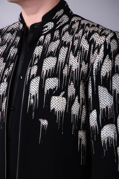 Bugle bead and crystal embroidery detail on bandhgala shoulder yoke