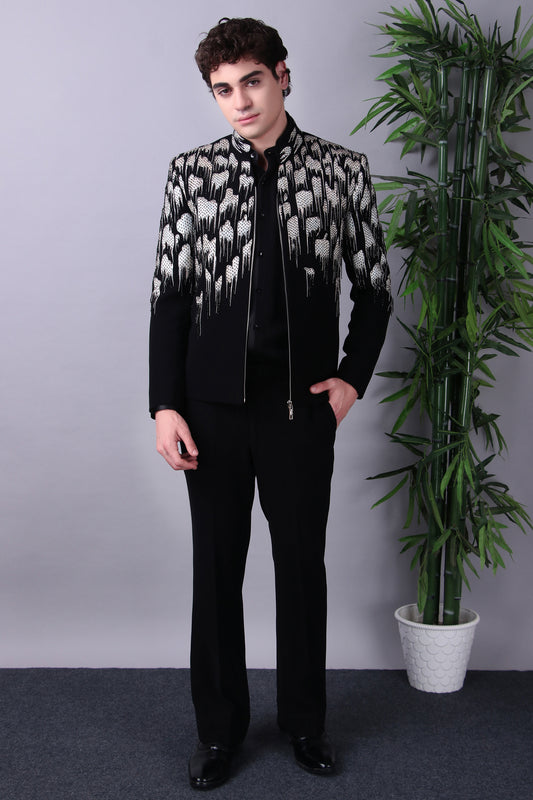 Onyx Japanese lycra bandhgala set, front view, hand-painted and bead-embroidered drip motif
