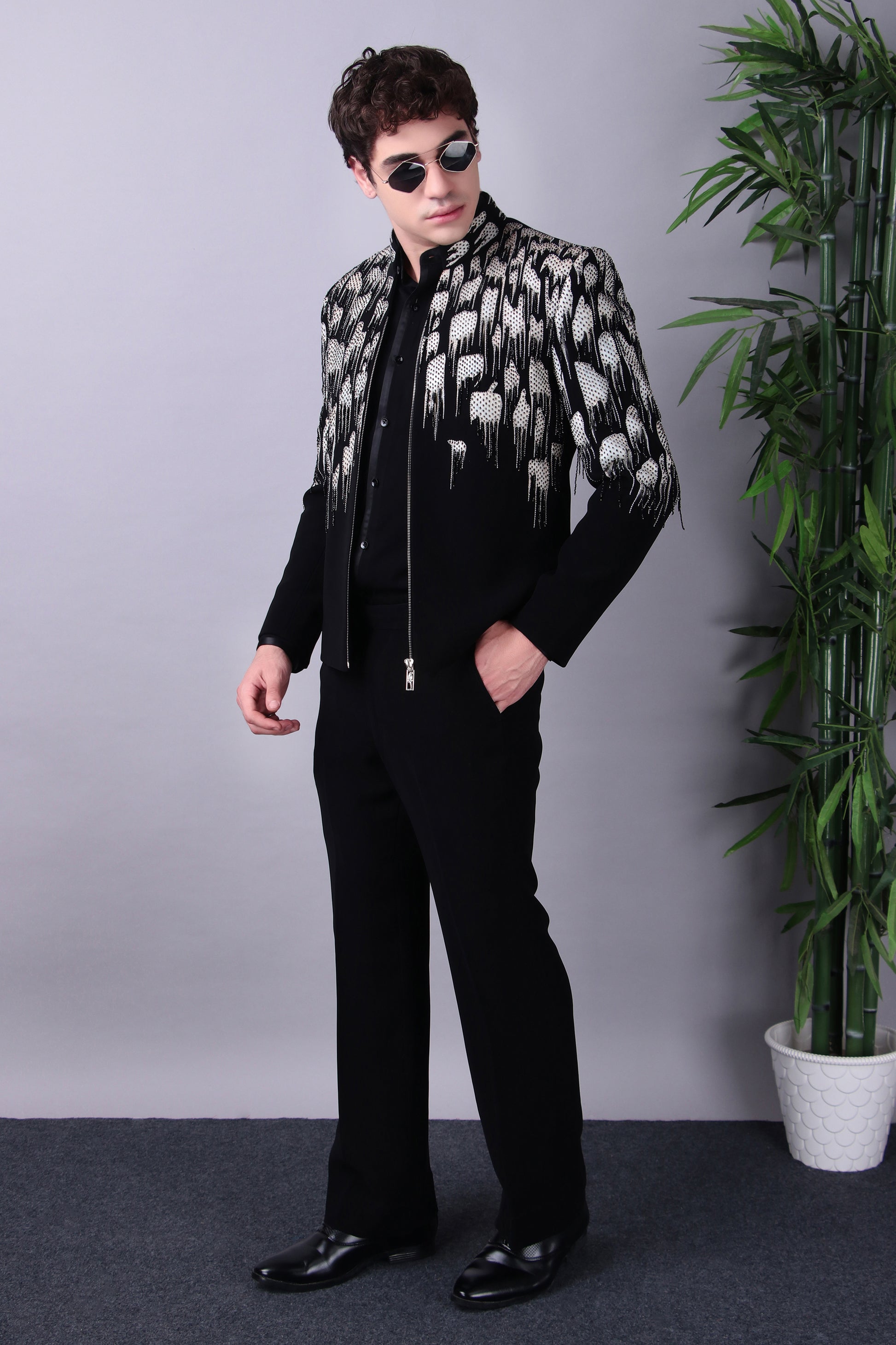 Onyx bandhgala set with sunglasses, styled front