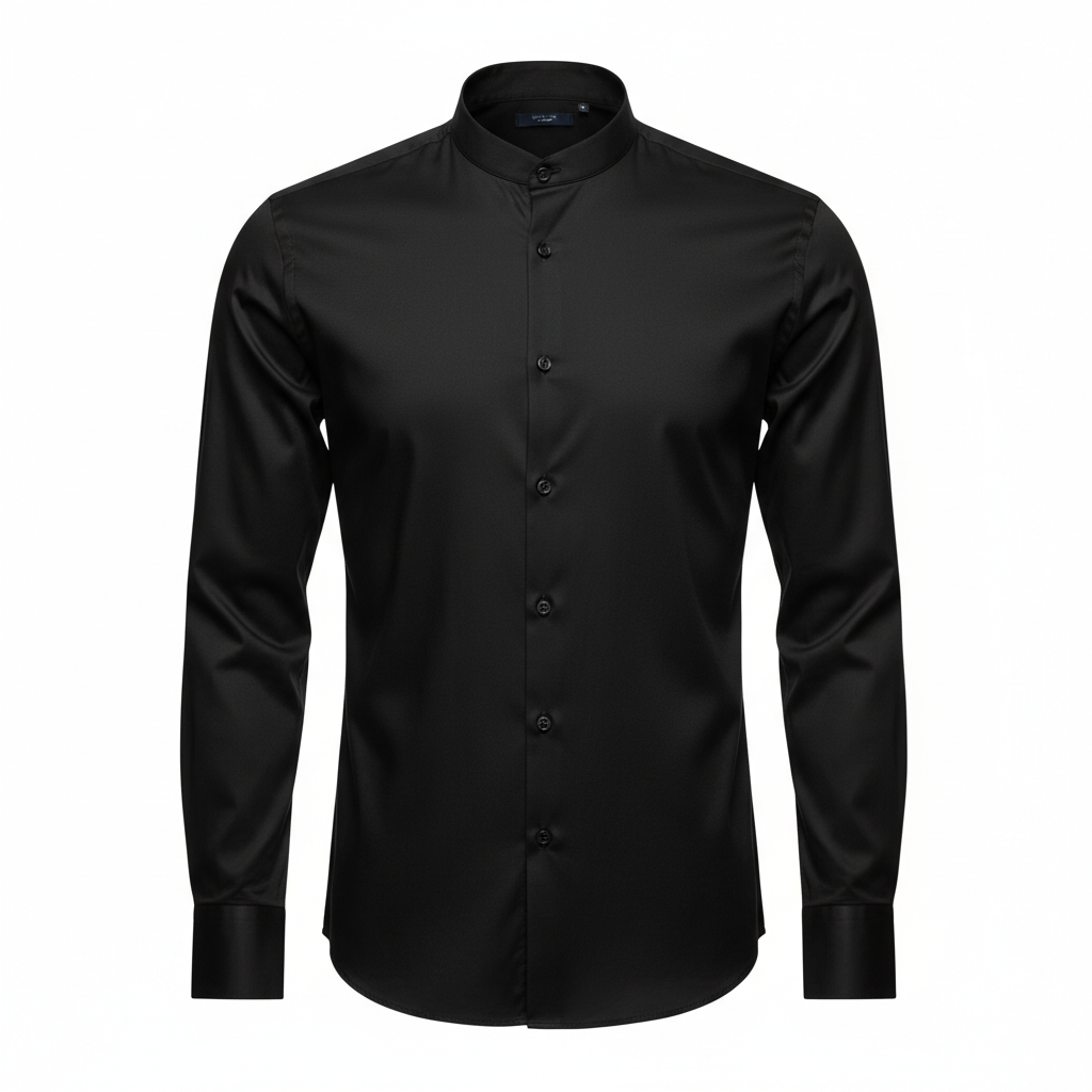 Onyx black band-collar shirt in cotton-satin lycra, ghost mannequin product shot