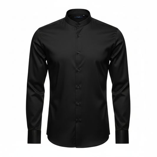Onyx black band-collar shirt in cotton-satin lycra, ghost mannequin product shot