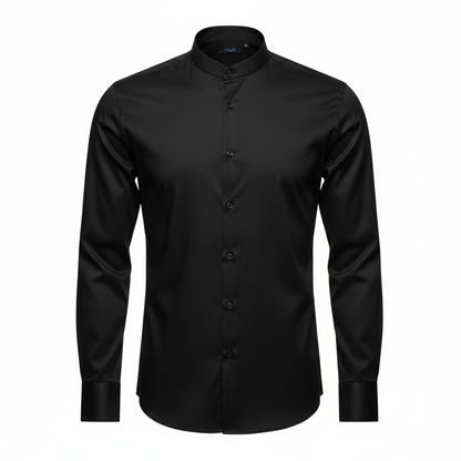 Onyx black band-collar shirt in cotton-satin lycra, ghost mannequin product shot